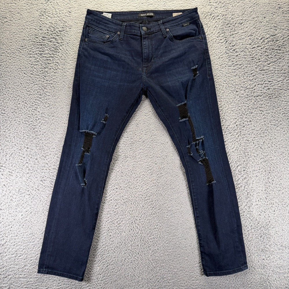 Mavi Jake Jeans Men 34x30 Blue Cotton Denim Straight Leg Slim Distressed Stretch